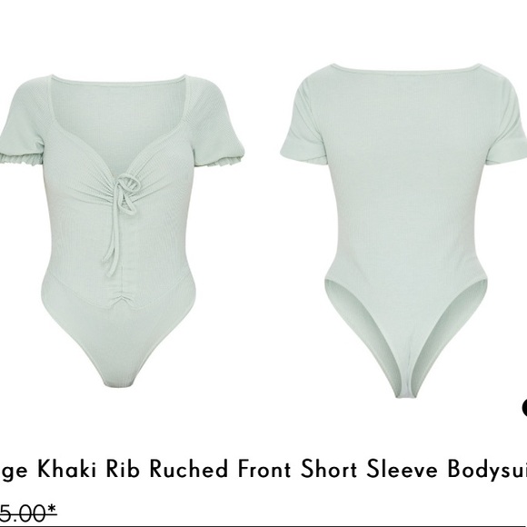 PrettyLittleThing Tops - PrettyLittleThing Sage Khaki Rib Ruched Front Short Sleeve Bodysuit